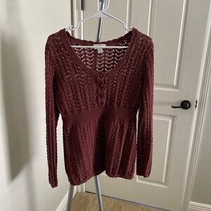 LOFT maroon crochet long sleeve top